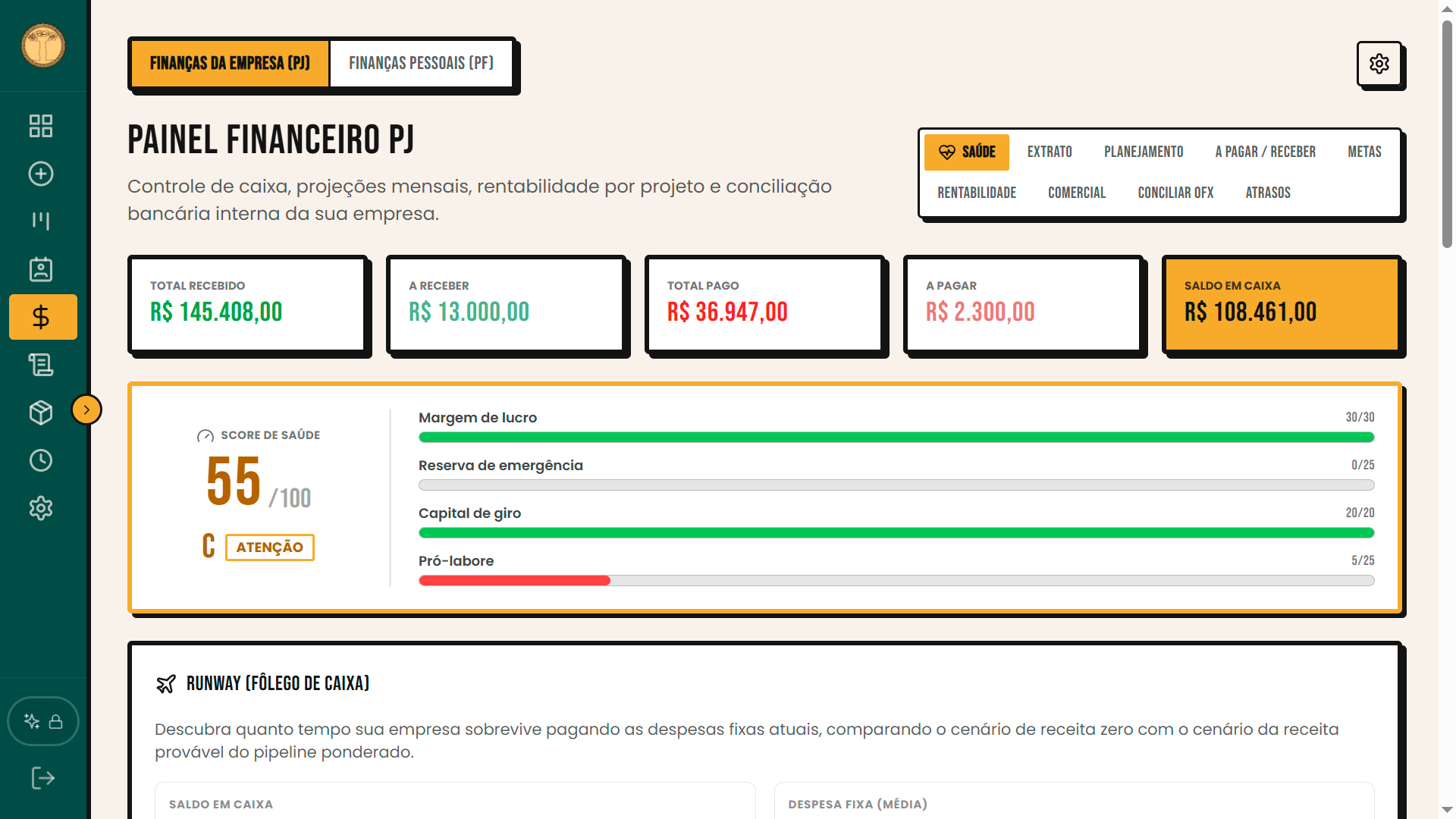 Tela do Gestão Financeira no computador